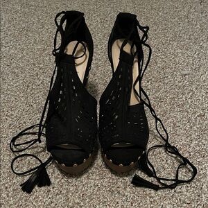 Shoe Dazzle Black Lace-Up Wedges